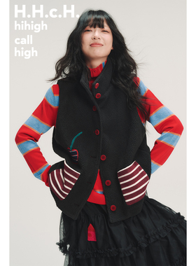 HHCH口海 AW25 手绘樱桃贴布绣条纹撞色立领摇粒绒黑色马甲外套