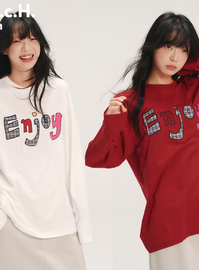 HHCH口海 AW25 Enjoy主题字母撞色贴布绣双色长袖T恤打底衫