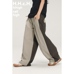 软软小狗爪绣花撞色格纹拼接松紧腰直筒长裤 HHCH口海 SS26