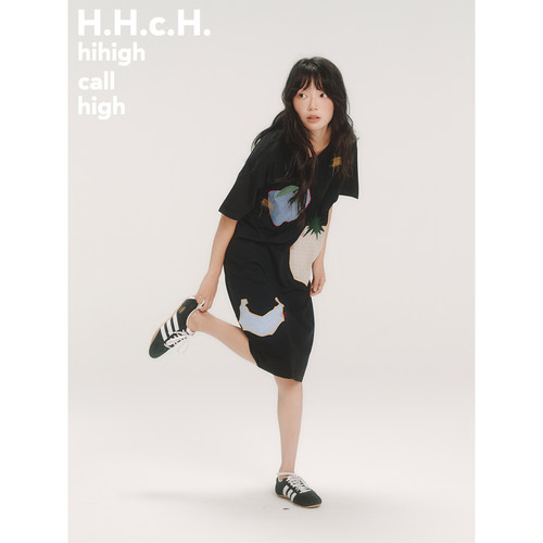 水果格纹贴布绣宽松短袖连衣裙