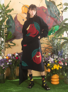 HHCH口海原创设计 复古红苹果提花宽松毛衣中长款半裙针织套装