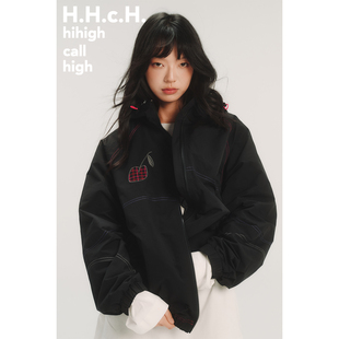 黑色连帽外套 手绘樱桃绣花撞色线插肩袖 HHCH口海 AW25