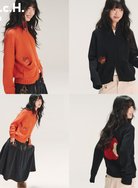 HHCH口海 AW25 手绘苹果绣花半高领插肩袖针织提花开衫毛衣小外套