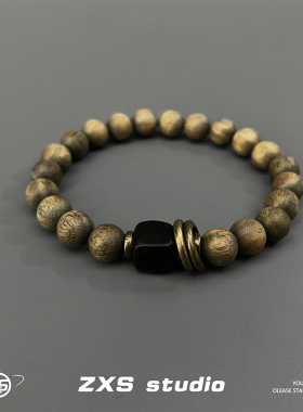 复古绿檀木古铜环绕手串男女