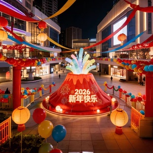 2026新年火山气模充气模型发光摆件新年快乐商场街区氛围装饰道具