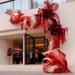 2026新年装饰场景布置店铺门头开业橱窗美陈竹编红色仿真花造景