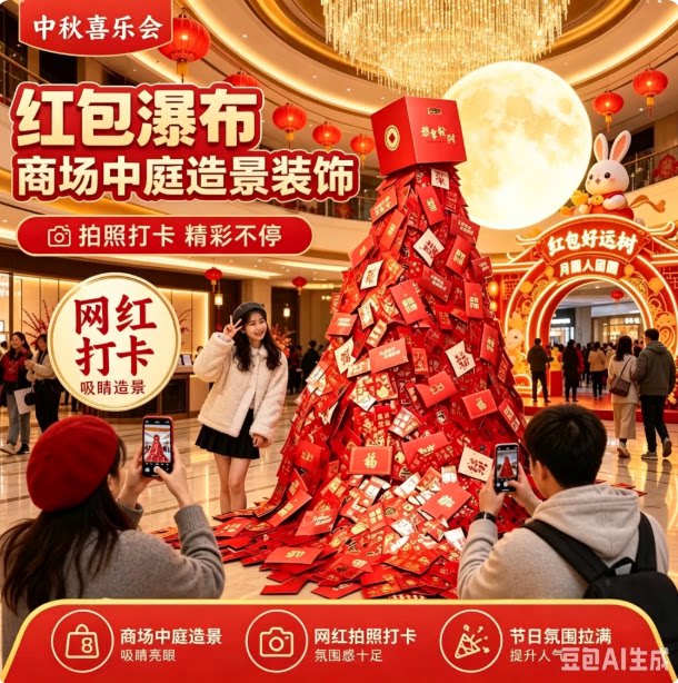 商场大型红包树装饰中庭店铺门口节日打卡发财许愿树红包瀑布布置