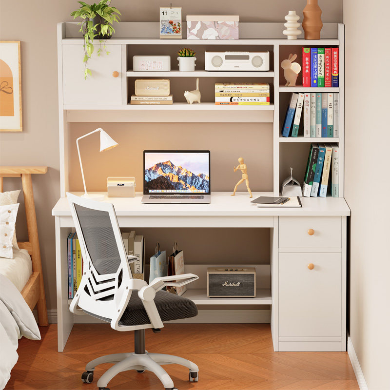 书桌学生家用学习写字桌卧室电脑桌台式简易书架书柜一体靠墙桌子