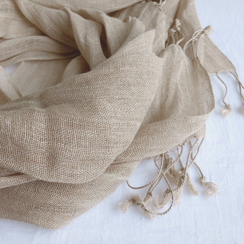 日系原单高品质法国雨露麻亚麻围巾素雅原色棉麻纱巾春秋薄款护颈