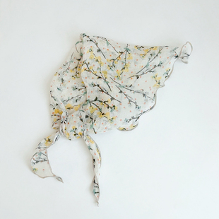 日系复古亚麻碎花三角巾女薄款护颈披肩叠穿屁帘腰封系脖围巾配饰