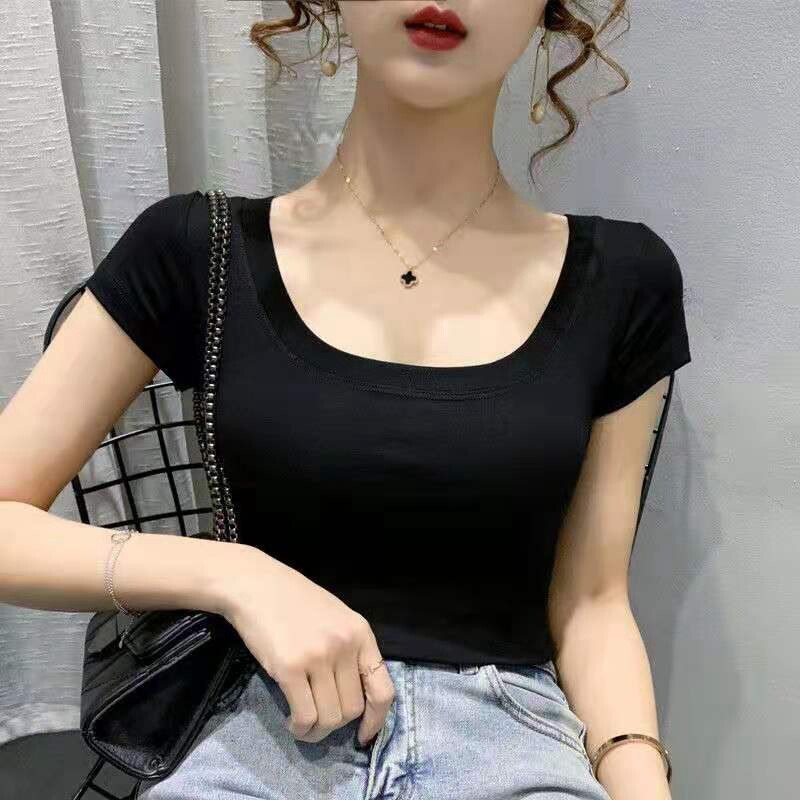 低领短袖t恤女2024春夏款修背心短袖显瘦内搭上衣修身短款打底衫