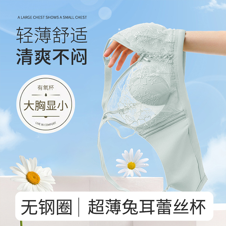 超薄大胸显小显瘦蕾丝内衣女薄兔耳朵无钢圈薄款收副乳防下垂