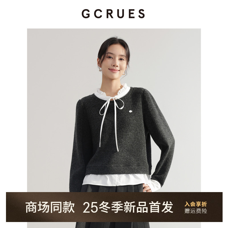 GCRUES假两件衬衫拼接卫衣女冬季