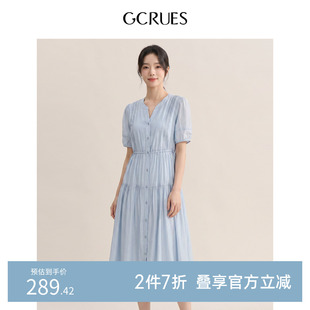GCRUES商场同款设计感泡泡袖捏褶系带收腰短袖连衣裙G07Q08A1262