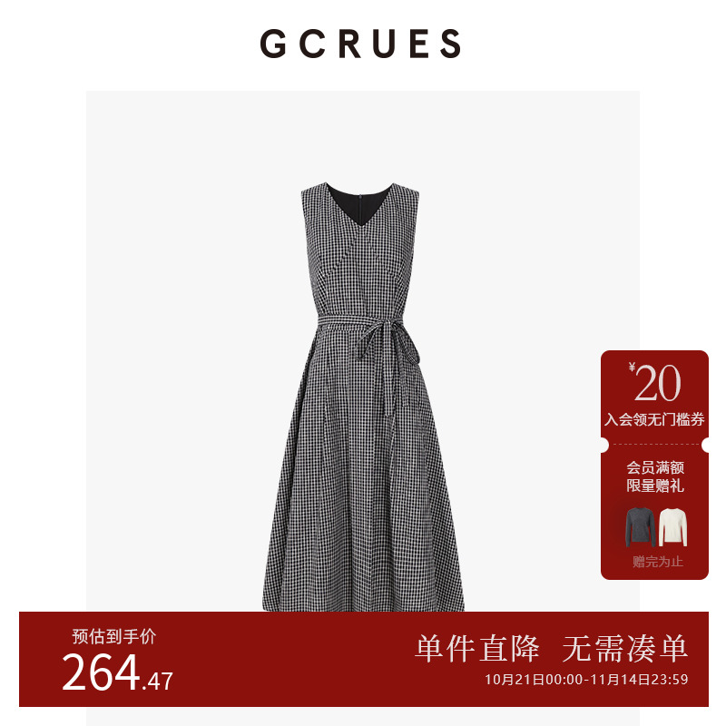 GCRUES复古格纹无袖连衣裙女夏季