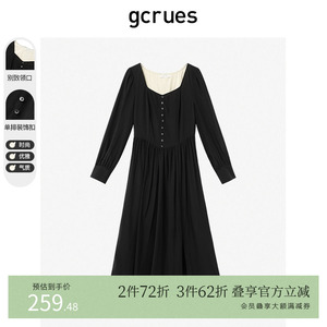 gcrues设计感小众长袖连衣裙女秋冬新款赫本风黑色裙子女