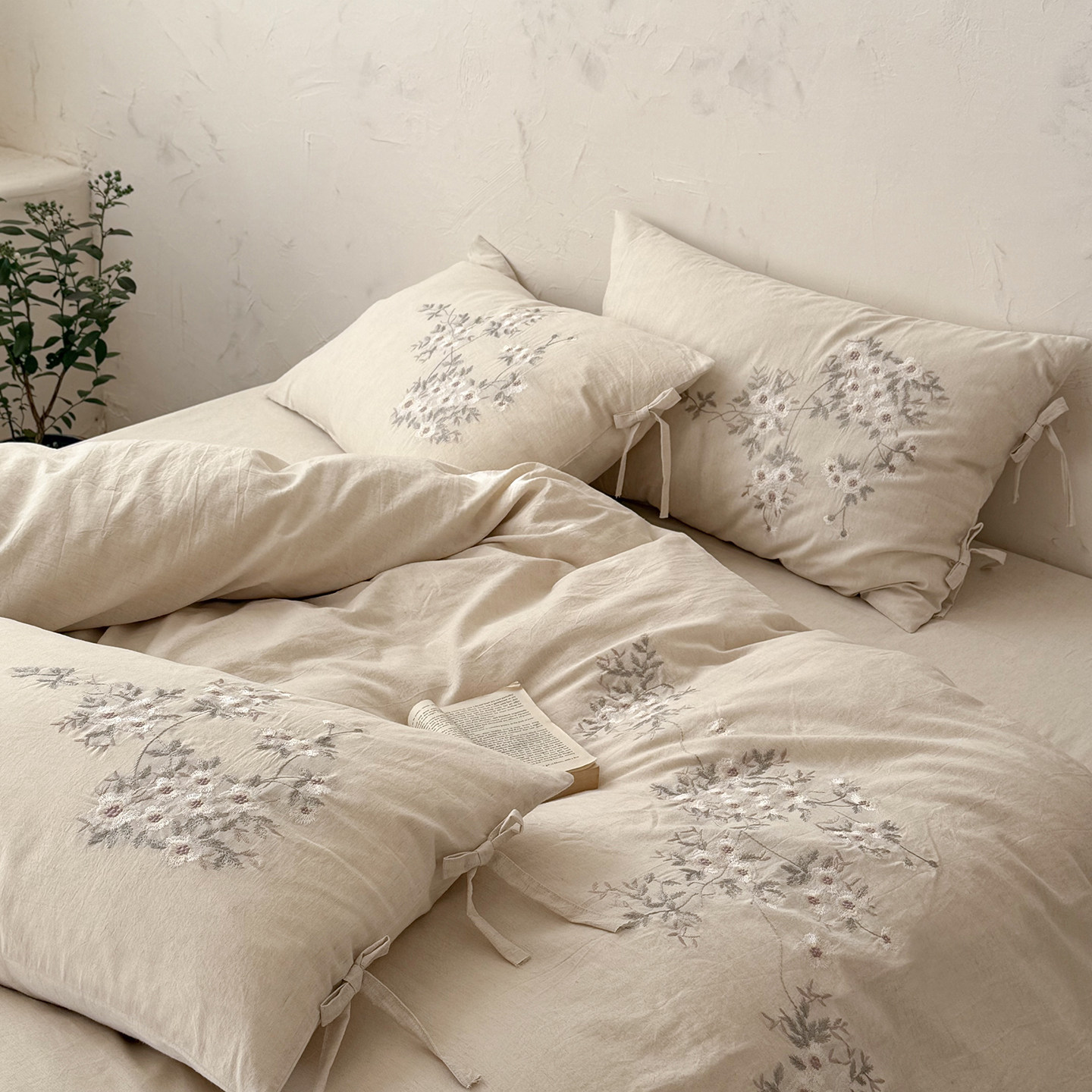 棉麻新中式风重工刺绣花卉四件套被套床单床品套件四季通用床品