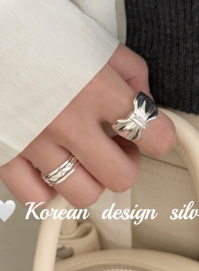 韩版东大门ins博主同款饰品 S925纯银宽版褶皱蝴蝶结戒指高级感女