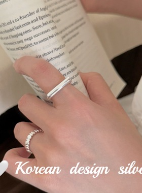 韩国ins风个性设计银饰品 S925纯银简约方形条纹戒指叠戴高级感女