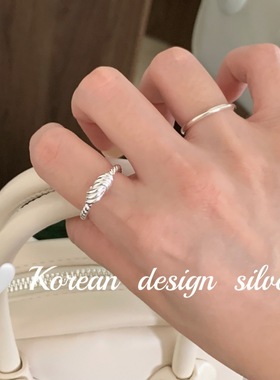 韩版ins风简约设计银饰 S925纯银麻花牛角包打结戒指高级感叠戴女