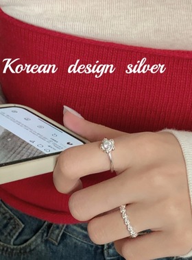 韩国东大门小众设计银饰品 S925纯银梅花镶钻开口戒指叠戴ins女