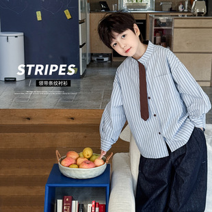 童酷2026男童春季新款韩版领带宝宝上衣校园风宽松条纹儿童衬衫潮