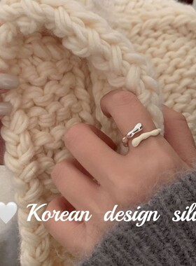 韩版个性ins风银饰品 S925纯银小众米色黑色滴釉开口戒指情侣对戒