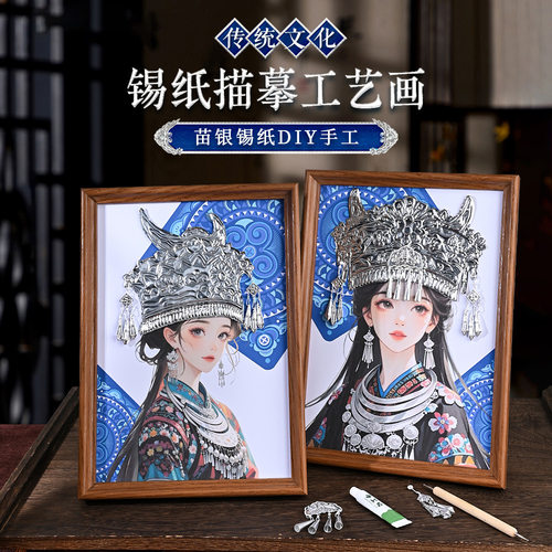 苗银发饰锡纸画diy材料包贵州苗族仿錾刻画立体头饰新年手工暖场