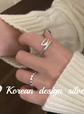 韩国ins风小众设计银饰 S925纯银ab款交叉镂空线条麻花戒指可调节