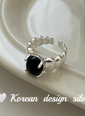 韩系东大门秋冬新款饰品 S925纯银简约椭圆黑玛瑙戒指小众高级感