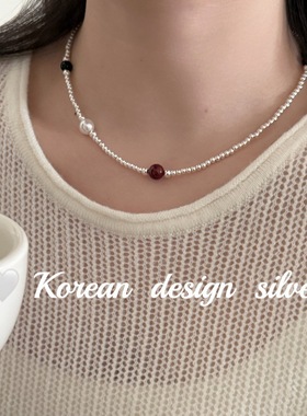韩版秋冬新款轻奢手工 S925纯银安克拉红黑玛瑙珍珠项链高级感女