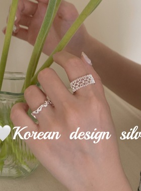 韩版轻奢小众设计指环 S925纯银气质宽版镂空蕾丝戒指高级感女ins
