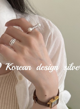 韩版东大门小众设计银饰品 S925纯银时尚弹簧珍珠开口戒指高级感