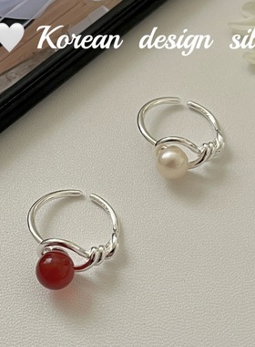韩版ins风设计感银饰品 S925纯银简约红玛瑙珍珠椭圆镂空麻花戒指