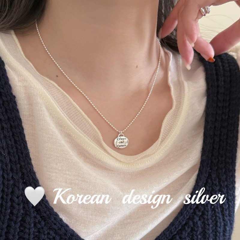 韩版ins风个性设计银饰 S925纯银简约椭圆英文珠珠项链秋冬高级感