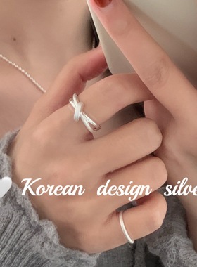 韩系ins风小众设计银饰 S925纯银双层拉丝交叉斜杠戒指高级感通勤
