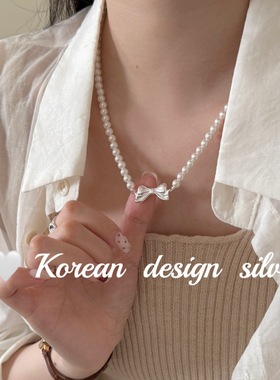 韩系小众设计ins风锁骨链 S925纯银施华洛珍珠蝴蝶结元宝扣项链女