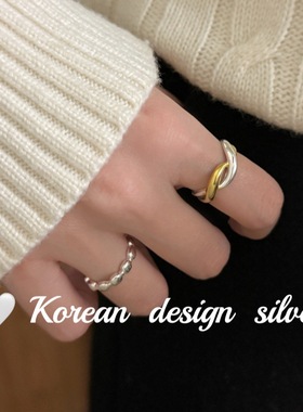 韩国ins风亮银饰品 S925纯银简约金色镂空扭扭戒指百搭叠戴指环女