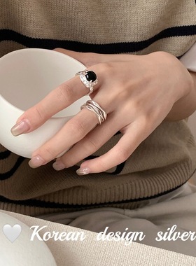 韩国重工亮银饰品 S925纯银重工凸面黑戒指  女指环
