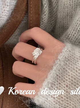 韩版东大门ins个性冷淡风银饰品 S925纯银简约双层绳结戒指高级女