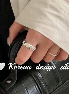 韩国性冷淡风亮银饰 S925纯银中性简约铆钉拼接戒指通勤开口指环