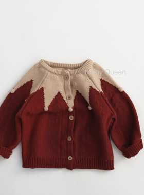 Mtinyqueen～暗红混穿撞色 棉手工球针织外套儿童开衫男女宝森