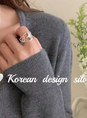 韩国东大门ins风亮银饰品 S925纯银宽版镂空心心相依戒指小众设计