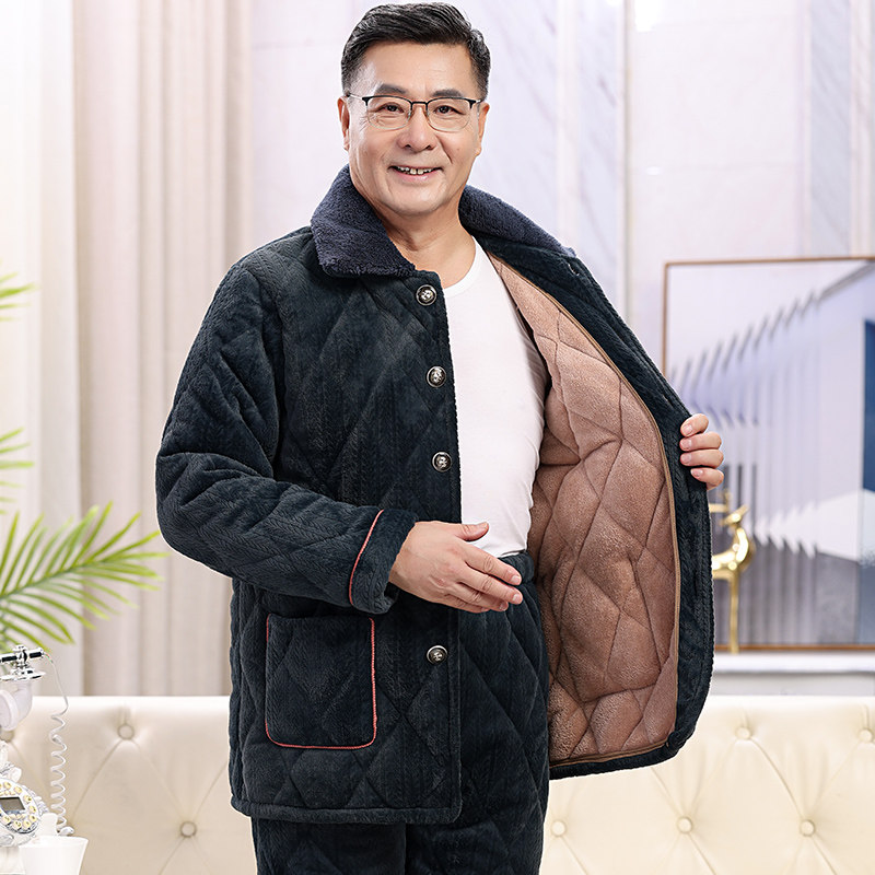 中老年睡衣男士冬季加厚加绒珊瑚绒三层夹棉秋冬款家居服保暖套装