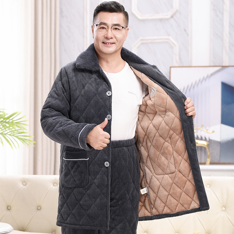 冬季睡衣男士加厚加绒保暖三层夹棉中老年爸爸珊瑚绒家居服套装