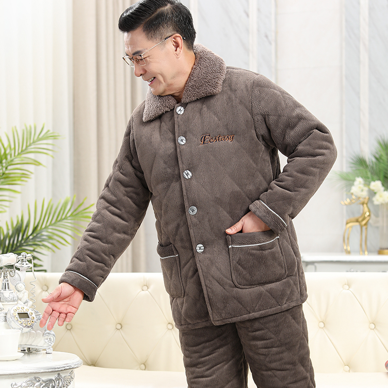 三层夹棉睡衣男士加厚加绒珊瑚绒