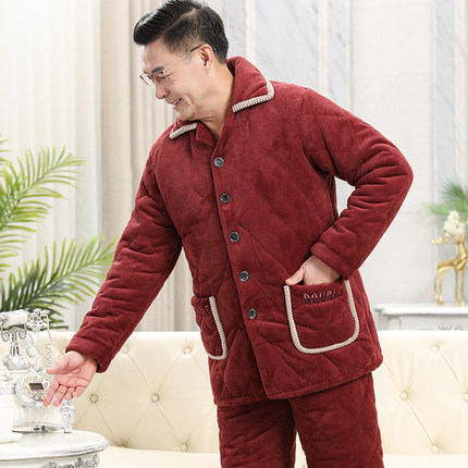 秋冬季爸爸睡衣男士加厚加绒珊瑚绒夹棉冬款男款中老年三层夹棉