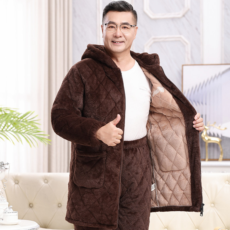 爸爸睡衣男士冬季加厚加绒三层夹棉中老年保暖珊瑚绒家居服连帽款