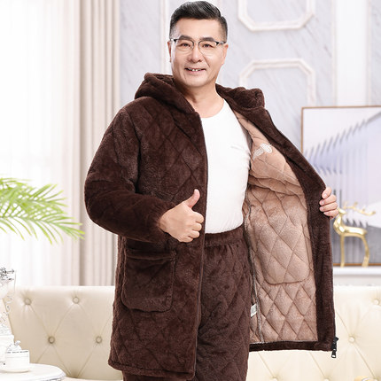 爸爸睡衣男士冬季加厚加绒三层夹棉中老年保暖珊瑚绒家居服连帽款