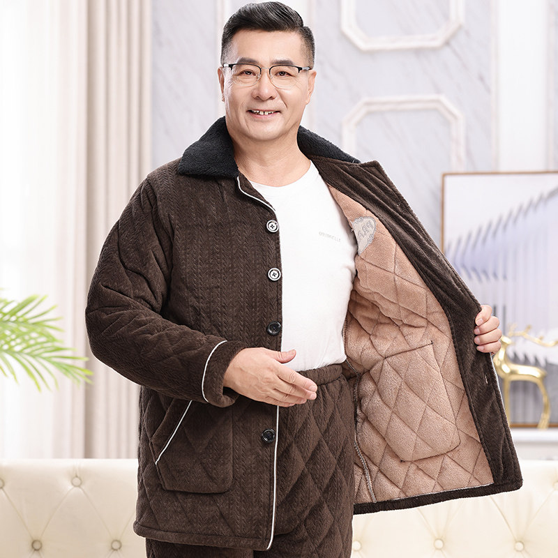 爸爸保暖睡衣男士冬季加厚加绒三层夹棉中老年珊瑚绒家居服可外穿